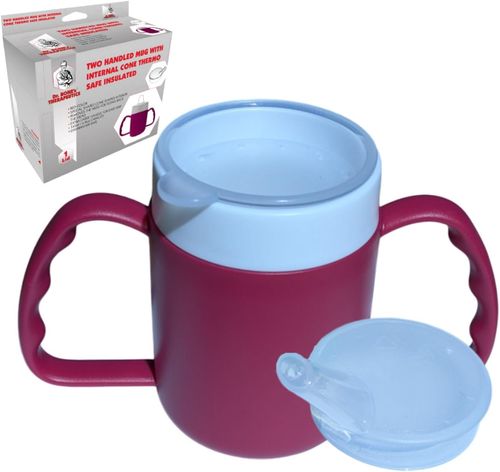 Dr. Bone's Therapeutics ® Two Handled Mug with Internal Cone Blue with Spouted Lid with Small Opening, Drinking aid 140 ml (BlackBerry 2 Lids)