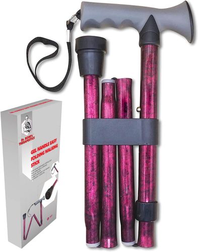 Dr. Bone's Therapeutics ® Easy Folding Walking Stick – Gel Handle Height Adjustable Comfort Grip Collapsible Folding Cane for Men & Women Adjustable Length Lightweight Walking Sticks - Red Crackle