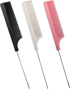 Wolvex ® 3 PCS Salon Styling Extra Long Rat Tail Combs, Anti Static Heat Resistant Barber Hairdressing Comb with Stainless Handle Steel, Cutting Fine Tooth Comb for Women Men Barber (Pink+White+Black)