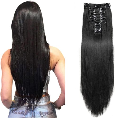 22" Long Straight Clip in Hair Extensions, 180 Gram 12PCS Hair Extensions Synthetic Fiber Natural Black Double Weft Hairpieces Clip-On Full Head for Women Perfect for a stunning and eye-catching look