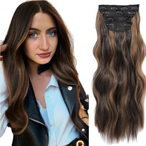 20 inch Clip in Hair Extension 4Pcs Curly Full Head Synthetic Hair Extension Wavy Hair Pieces for Women 20Inch, Dark Brown with Auburn Brown highlights for Perfect for a stunning and eye-catching look